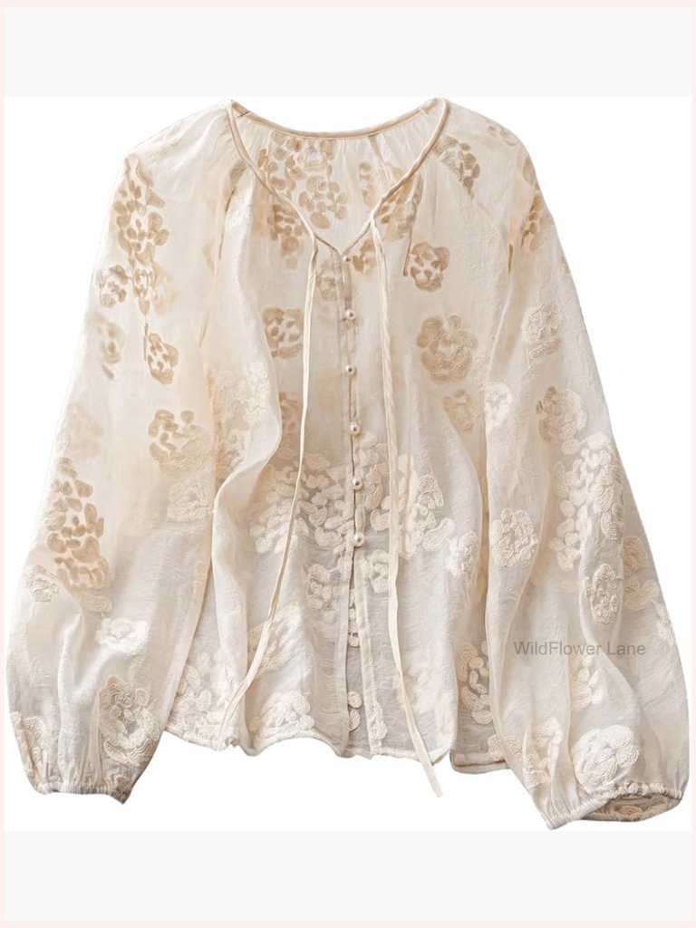Floral Embroidered Tie Front Sheer Peasant Blouse Long Sleeve Flowy Top